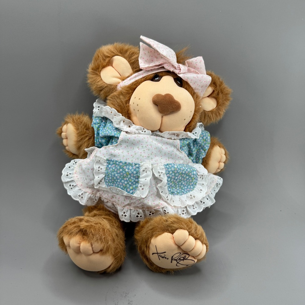 Furskins Persimmor Xavier Roberts Plush Bear 11" Brown VTG 1983 Floral Dress